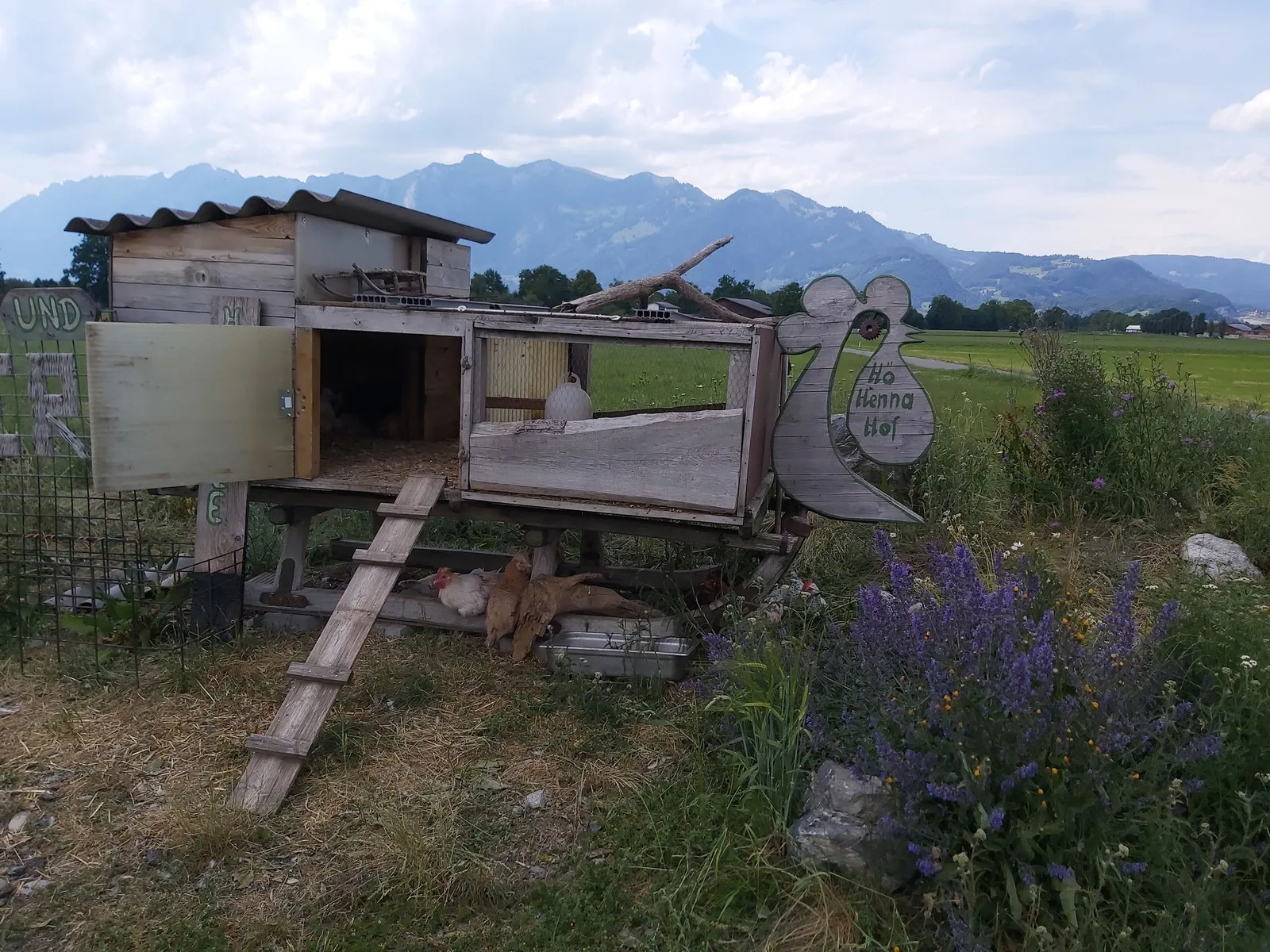 Mobiler Hühnerstall des Hö Henna Hofs in der Vorarlberger Landschaft